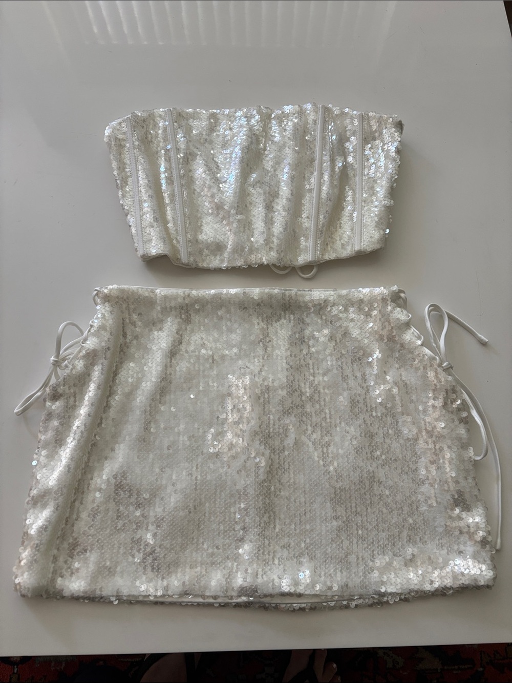 Forever 21 White Sequin Strapless Bandeau & Skirt Set